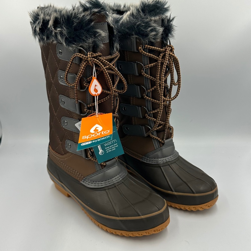 Sporto Deal Waterproof Duck Boot Snow Women 6M Brown Olive Gorpcore NIB Faux Fur